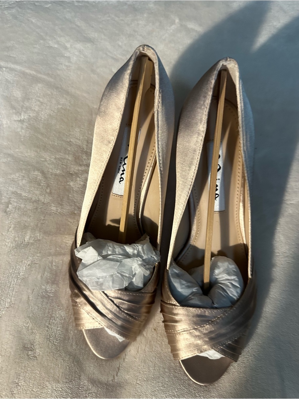 MWB, Nina New York, Satin Champagne Color Open-Toe Heels